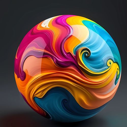 A vibrant, swirling abstract sphere with bold colors on a dark background.