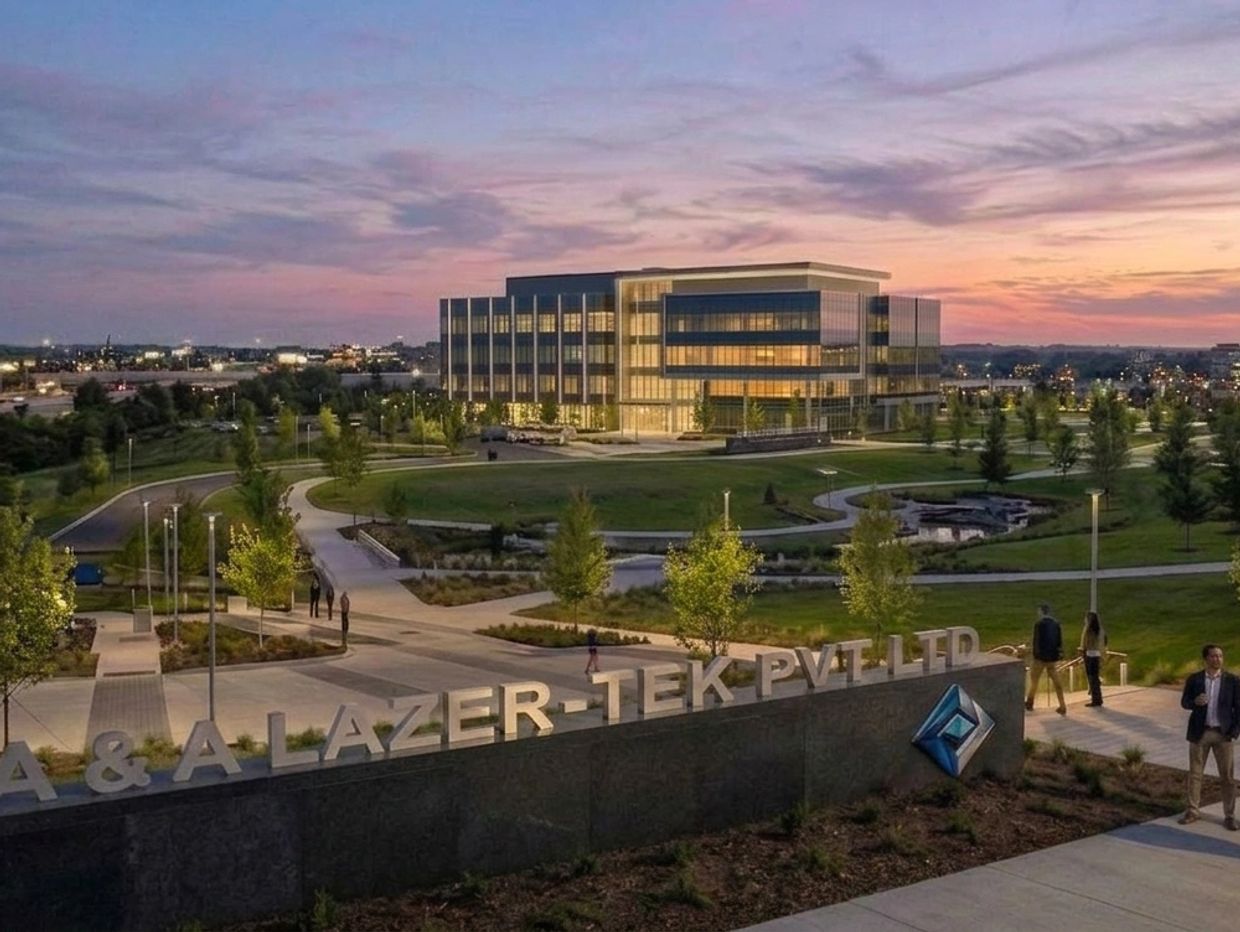 Corporate building of A & A Lazer-Tek Pvt Ltd at dusk.