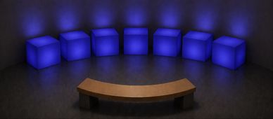 Curved wooden bench facing glowing blue cube seats in a dim room.