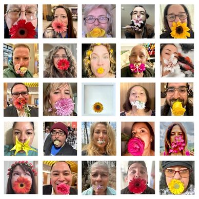 Collage of people holding various colorful flowers in front of their mouths.