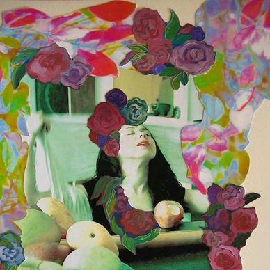 Surreal portrait of a woman surrounded by colorful flowers and fruits.