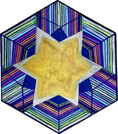 Hexagonal geometric art with a golden star and colorful striped patterns.