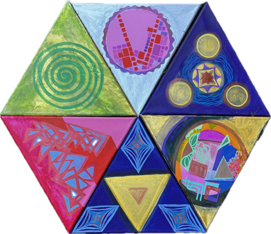 Colorful hexagonal artwork with geometric and abstract designs on triangular sections.