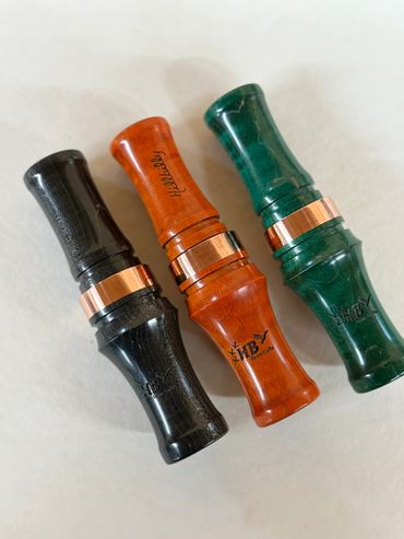 Goose calls stabilized and dyed
Black, Orange, Green
Copper bands