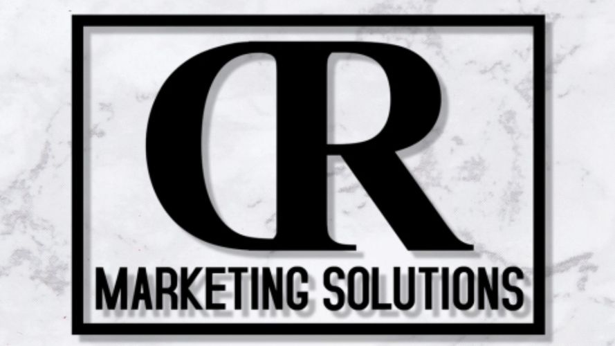black DR Marketing Solutions logo, white marble background