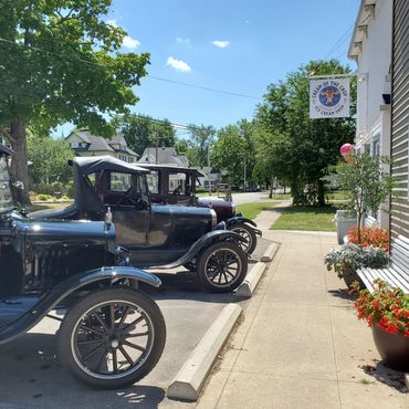 Vintage cars at Cream of the Crop Ice Cream Shop in downtown Wakeman, OH