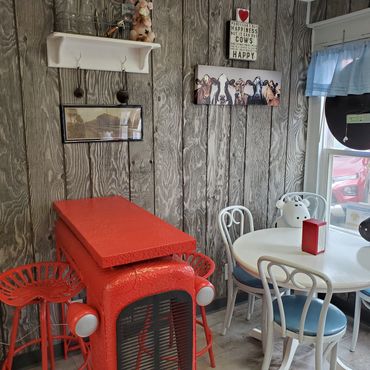 Tractor tables and tractor seat stools at Cream of the Crop Ice Cream Shop