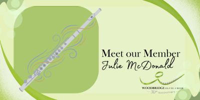 Flute image with Woodbridge Flute Choir member introduction.