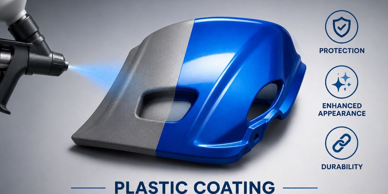 Spray applying blue plastic coating to enhance and protect a plastic surface.