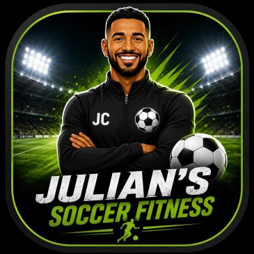 Logo for Julian's Soccer Fitness with a smiling man and soccer ball.