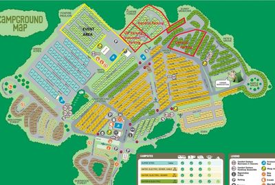 Detailed campground map showing sites, amenities, and event areas.