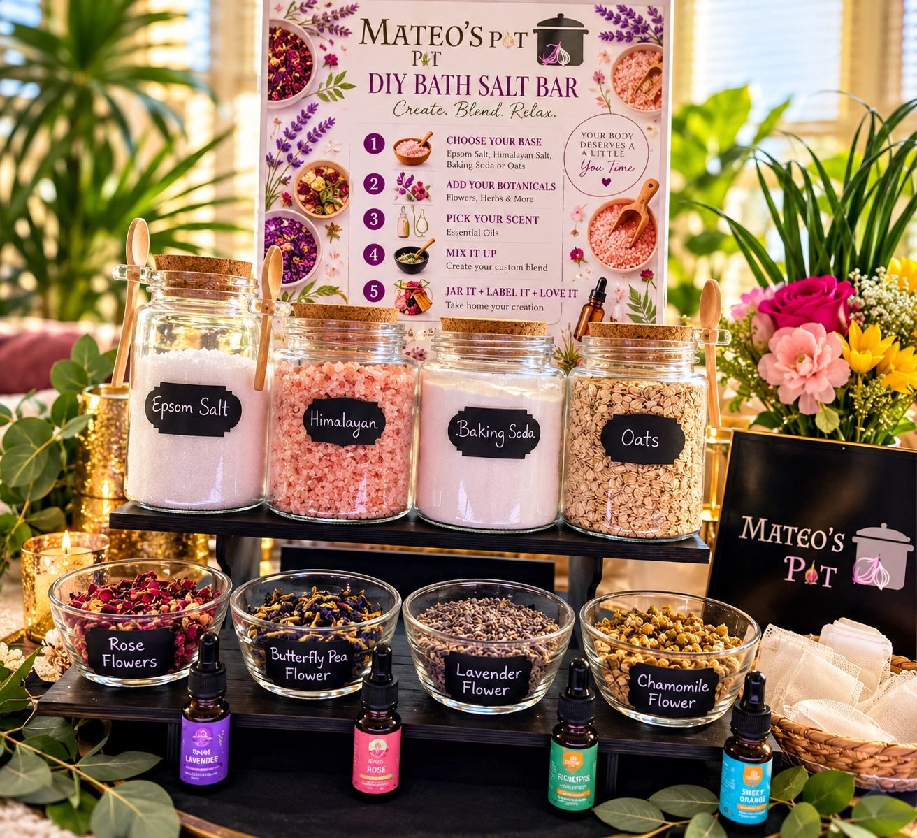 Mateo's Pot DIY Bath Salt Bar setup with jars of Epsom salt, Himalayan salt, oats, dried flowers and