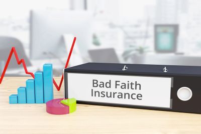 A binder labeled 'Bad Faith Insurance' with financial charts in the background.