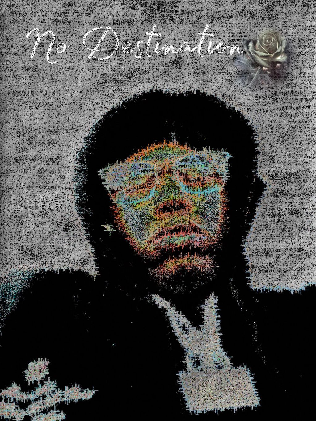 Pixelated portrait with text 'No Destination' and a rose graphic.