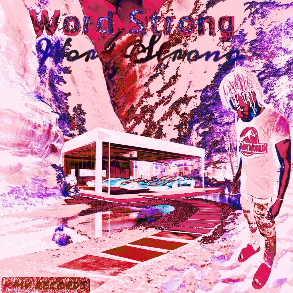 Abstract art featuring a person near a modern structure with cars and vibrant colors.
