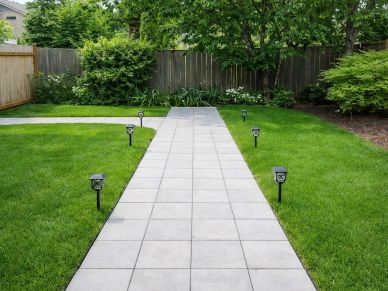 Concrete walkway with garden lights in a green backyard.