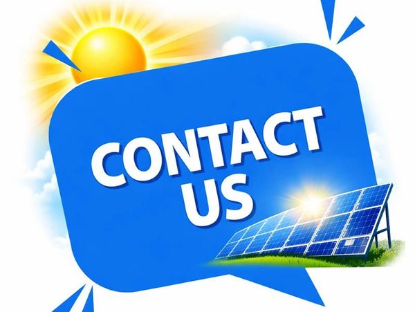 Bright contact us sign with sun and solar panels graphic.