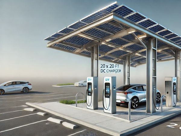 Electric vehicle charging station with solar panels and multiple EV chargers.