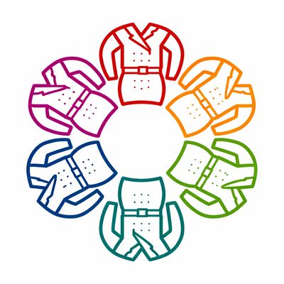 Six colorful trench coats arranged in a circle.