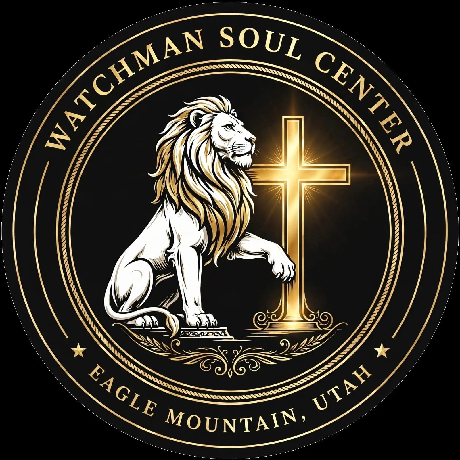 Logo of Watchman Soul Center with lion and glowing cross.