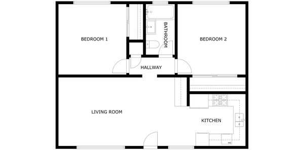 Residential floor plan layout for a multi-family unit, showcasing two bedrooms, one bathroom.