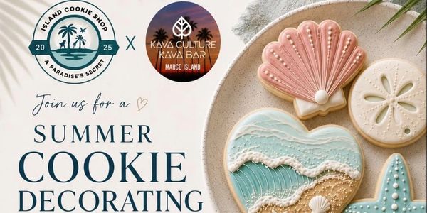 Summer cookie decorating event with ocean-themed cookies.