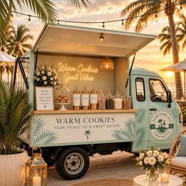 Cozy warm cookies truck with tropical vibe at sunset.