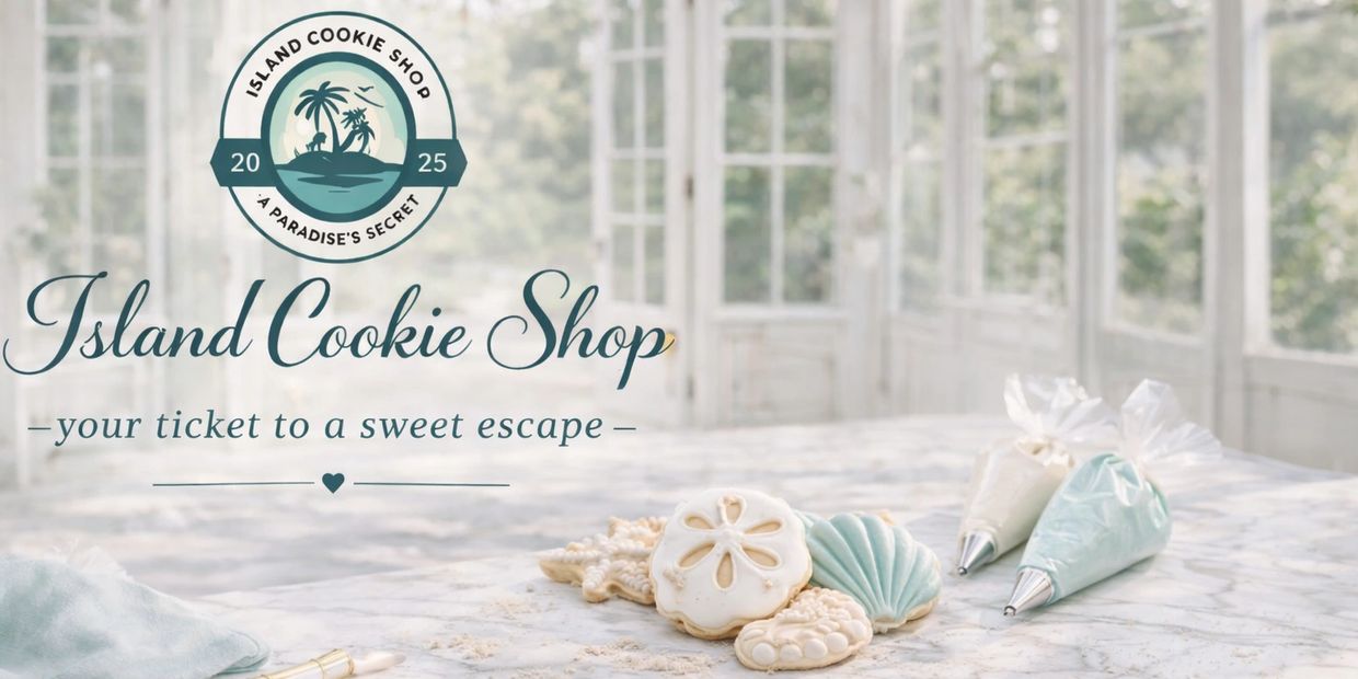 Assorted decorated cookies and icing bags on a marble table with Island Cookie Shop branding.