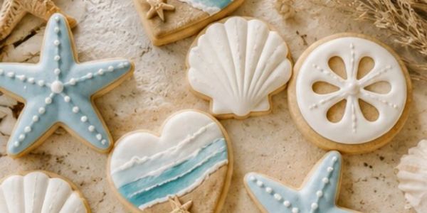 Beach-themed decorated cookies with starfish, shell, and wave designs.