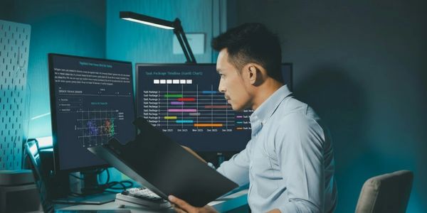 Man analyzing data and project timelines on computer screens in an office.