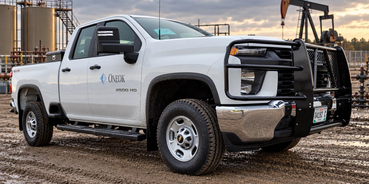 White Chevrolet 2500 HD truck with ONEOK logo on dirt ground.