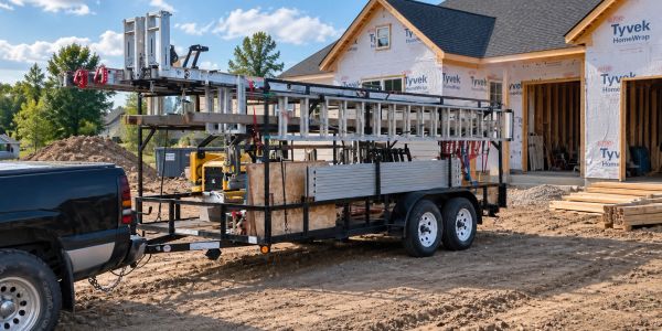 Trailer with ladders parked near a house under construction.