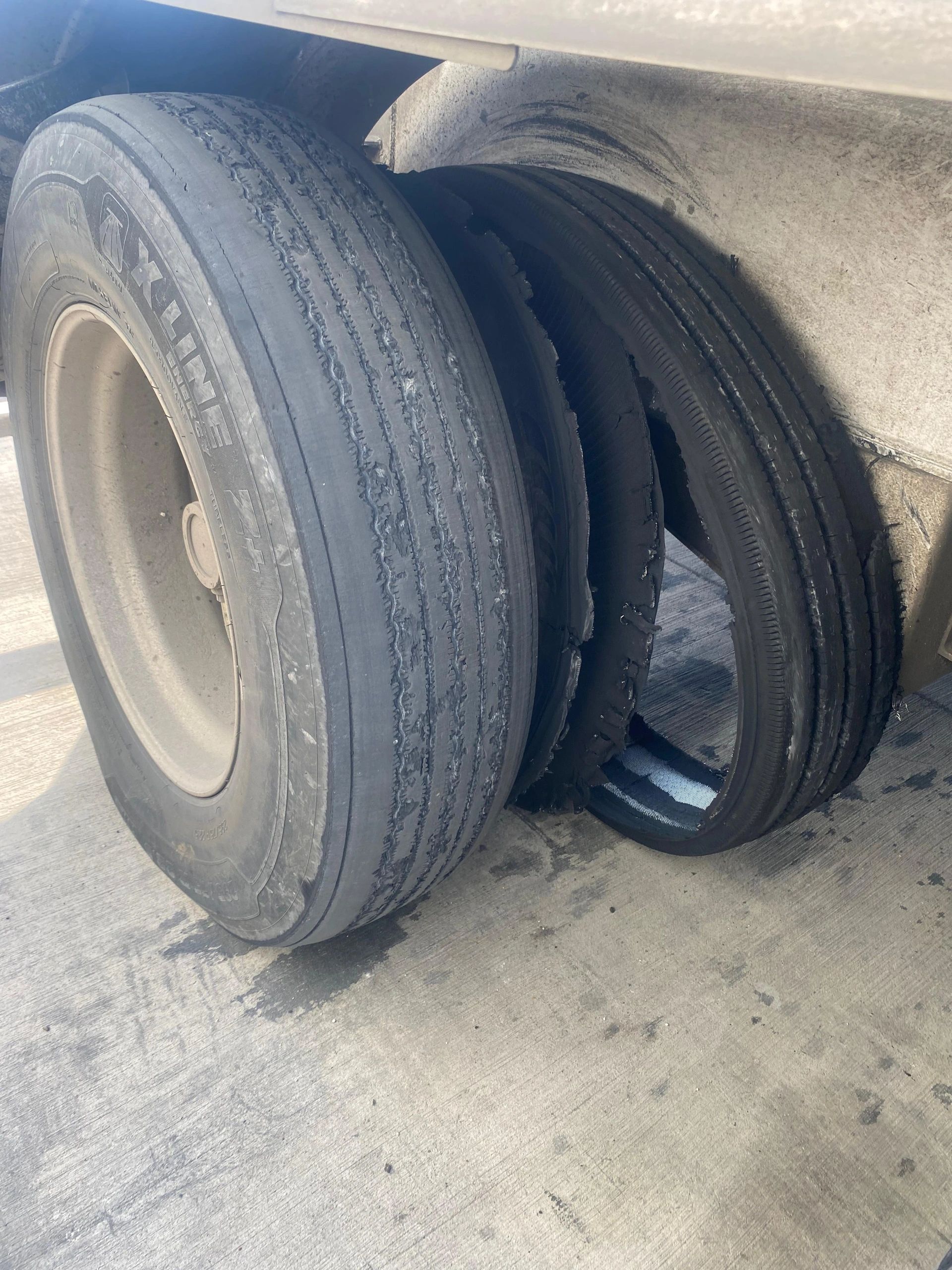 Inside semi trailer tire failed and came apart on interstate 35 in Lorena TX