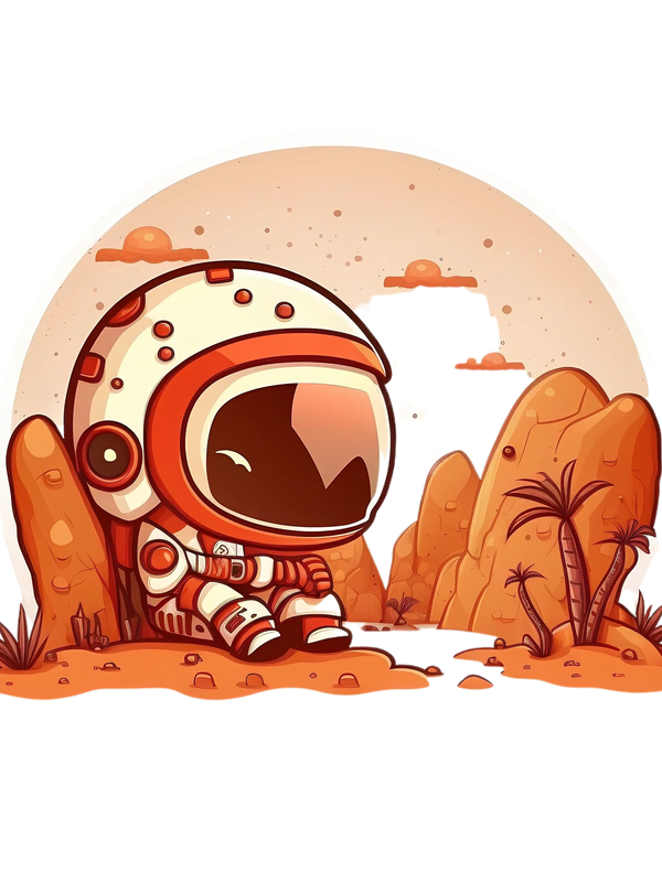 Astronaut seated, looking contemplative against an orange desert terrain.