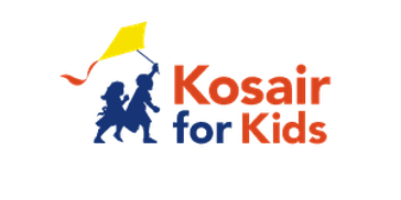 Kosair for Kids logo with silhouette of boy and girl running while holding a yellow kite