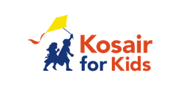 Kosair for Kids logo with silhouette of boy and girl running while holding a yellow kite