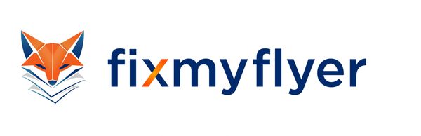 Logo of Fix My Flyer with a stylized fox and layered papers.