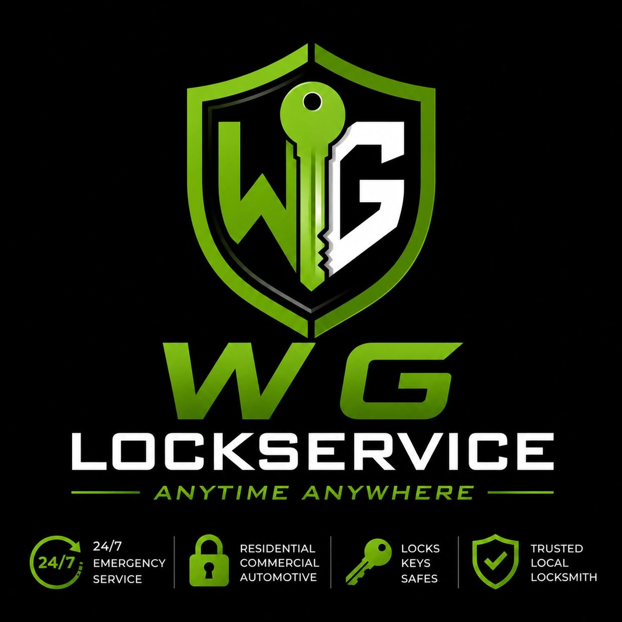 WG Lockservice logo with key and shield, offering 24/7 locksmith services.