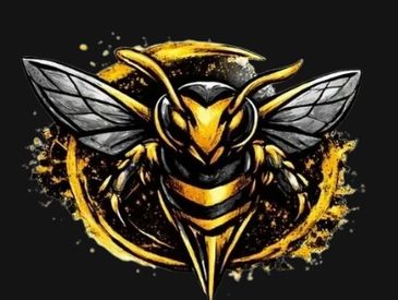 A fierce yellow and black hornet with spread wings on a dark background.
