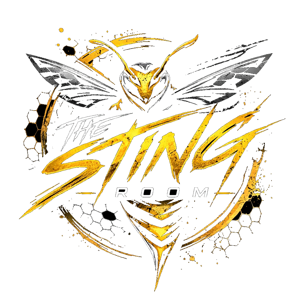 A stylized yellow and black wasp logo with the text 'The Sting Room'.