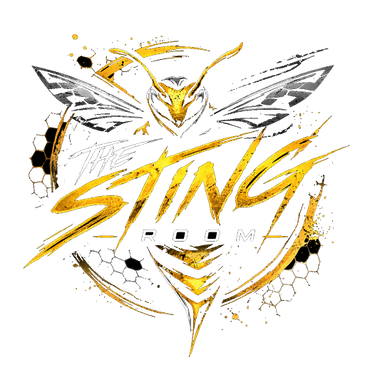 A fierce yellow and black bee with 'The Sting Room' text.