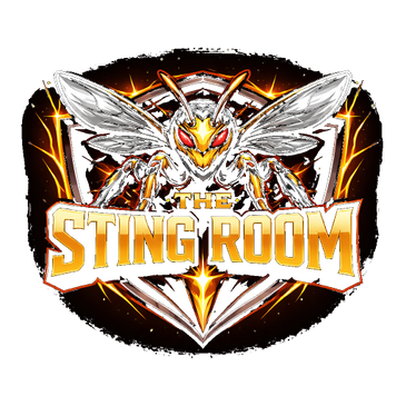 Aggressive wasp logo with fiery accents and bold text 'The Sting Room'.
