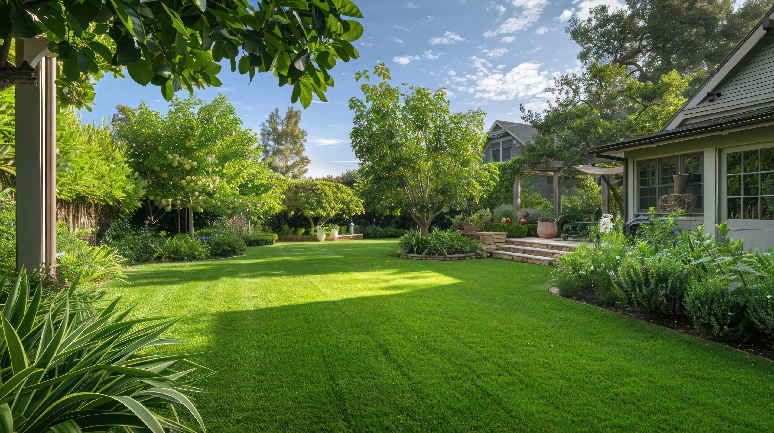 Beautiful green garden with trees and a sunny sky.