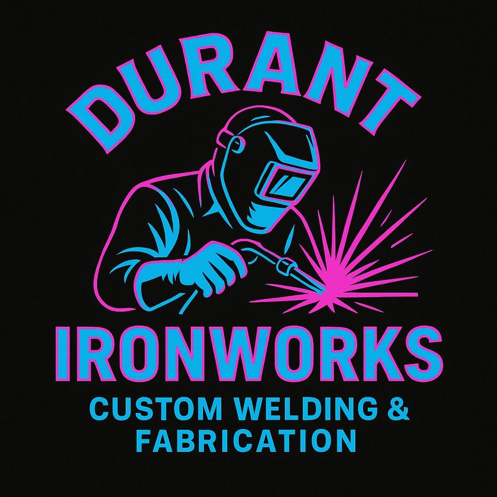 Logo for Durant Ironworks with a welder illustration in neon blue and pink.Core welding work
Mobile welding service on-site
Professional welding repair
On-site welding and fabrication
Custom welding project
Custom welding services
Structural welding repair
Emergency welding repair service
Emergency welding repairs
Emergency on-site welding service

Fabrication / finished work
Custom metal fabrication project
Welded steel fabrication
Custom fabricated steel work
Finished metal fabrication project

Railings, gates, fences
Custom steel railing fabrication
Welded steel gate repair
Metal railing welding project
Fence welding and repair

In-progress / action shots
Welder performing on-site welding
Welding repair in progress
Metal fabrication in progress
Professional welder at work
Emergency welding repair in progress

Truck / branding / jobsite
Mobile welding service vehicle
Welding service work truck
On-site welding job location

Training / instructional
Welding training session
Hands-on welding training
Welding instruction in progress
Welding skills training
