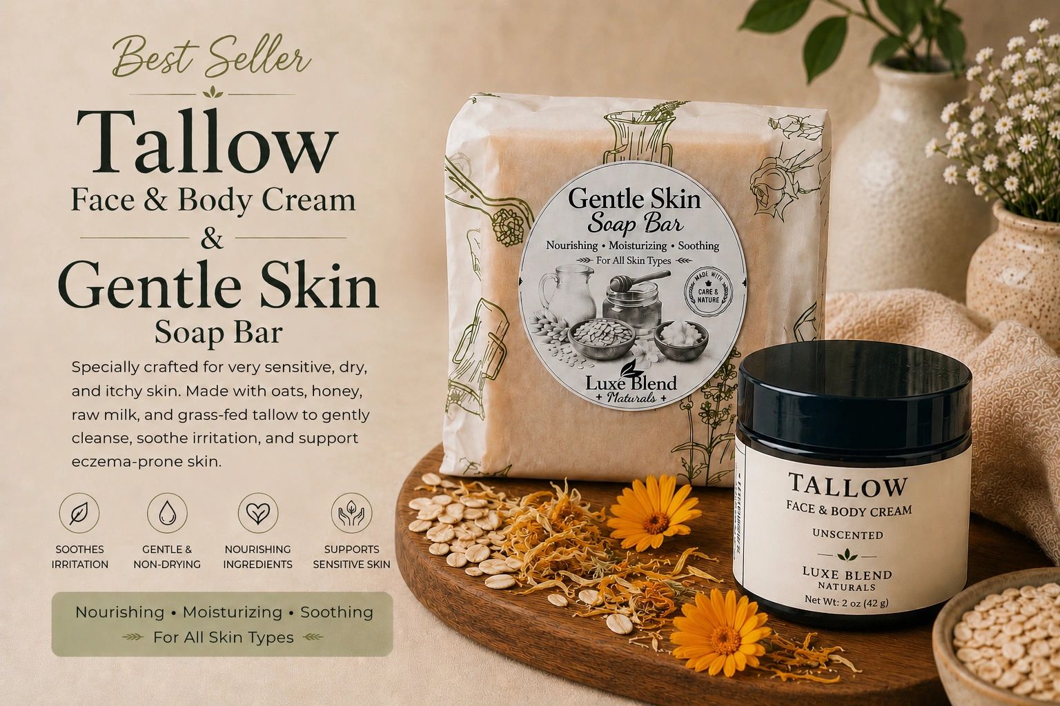 Tallow face and body cream with gentle skin soap bar for sensitive skin.