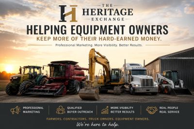 Equipment owners stand by heavy machinery at sunset, promoting Heritage Exchange services.