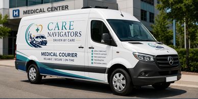 Medical courier van from Care Navigators outside a medical center.