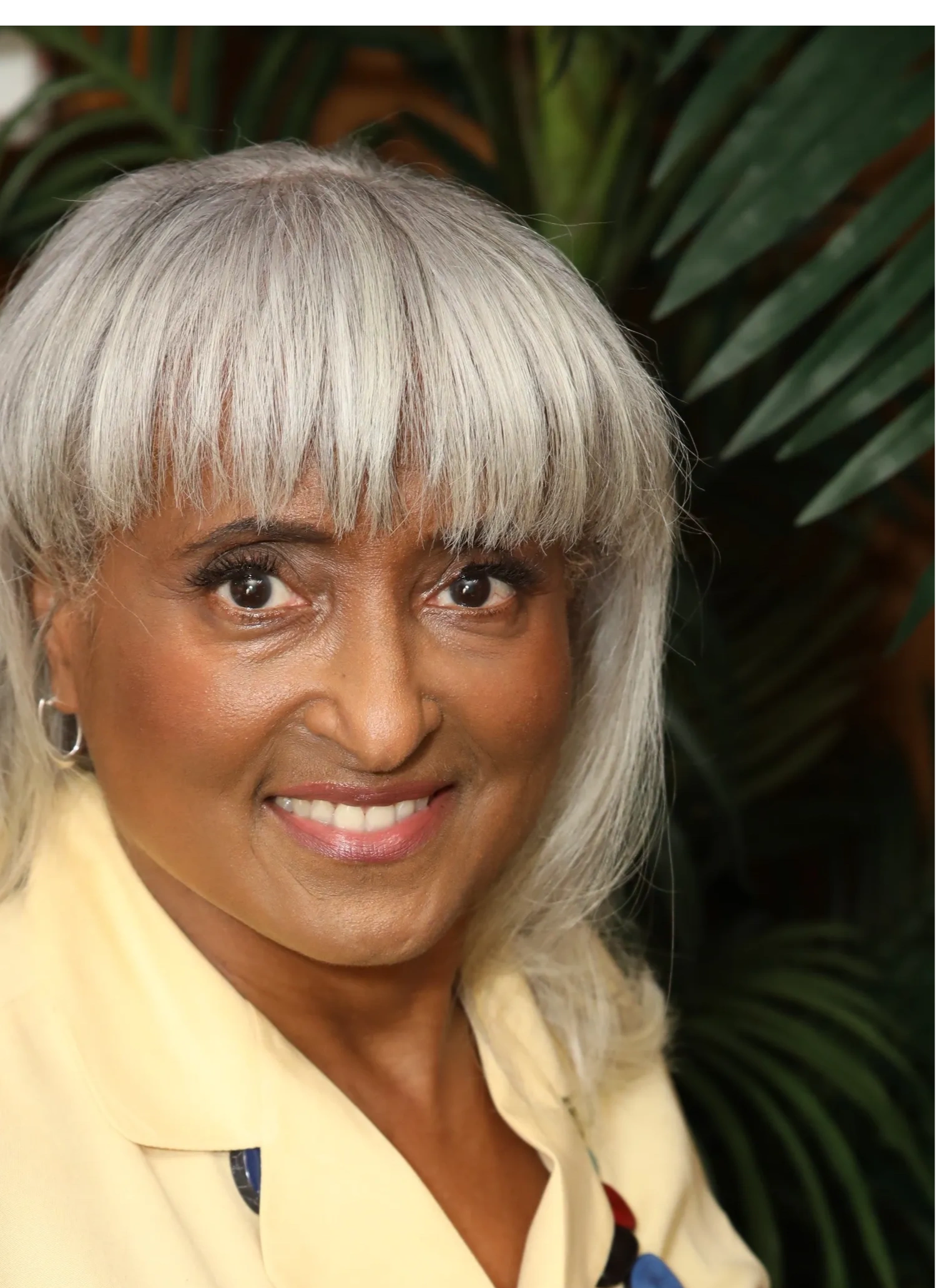 Close-up portrait of an older woman with silver hair and a warm smile.