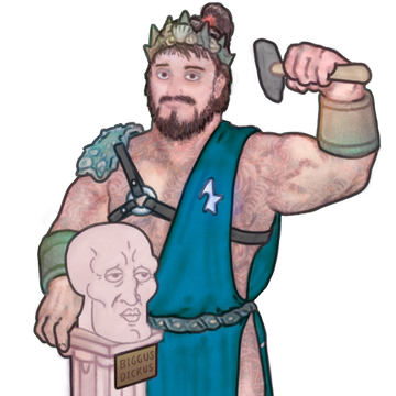 A muscular man in ancient attire sculpting a bust labeled 'Biggus Dickus'.