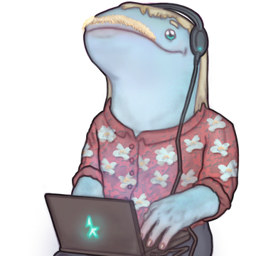 Anthropomorphic dolphin DJ wearing headphones and a floral shirt mixing music on a laptop.